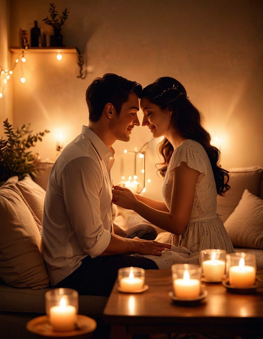 A warm, intimate setting featuring a couple engaging in deep conversation, surrounded by soft candlelight and cozy decor. Their expressions should reflect connection and understanding, symbolizing trust and communication. Incorporate subtle elements like intertwined hands and a heart-shaped shadow to signify love. The background should have blurred fairy lights for a dreamy atmosphere. super-realistic. warm tones. soft focus.