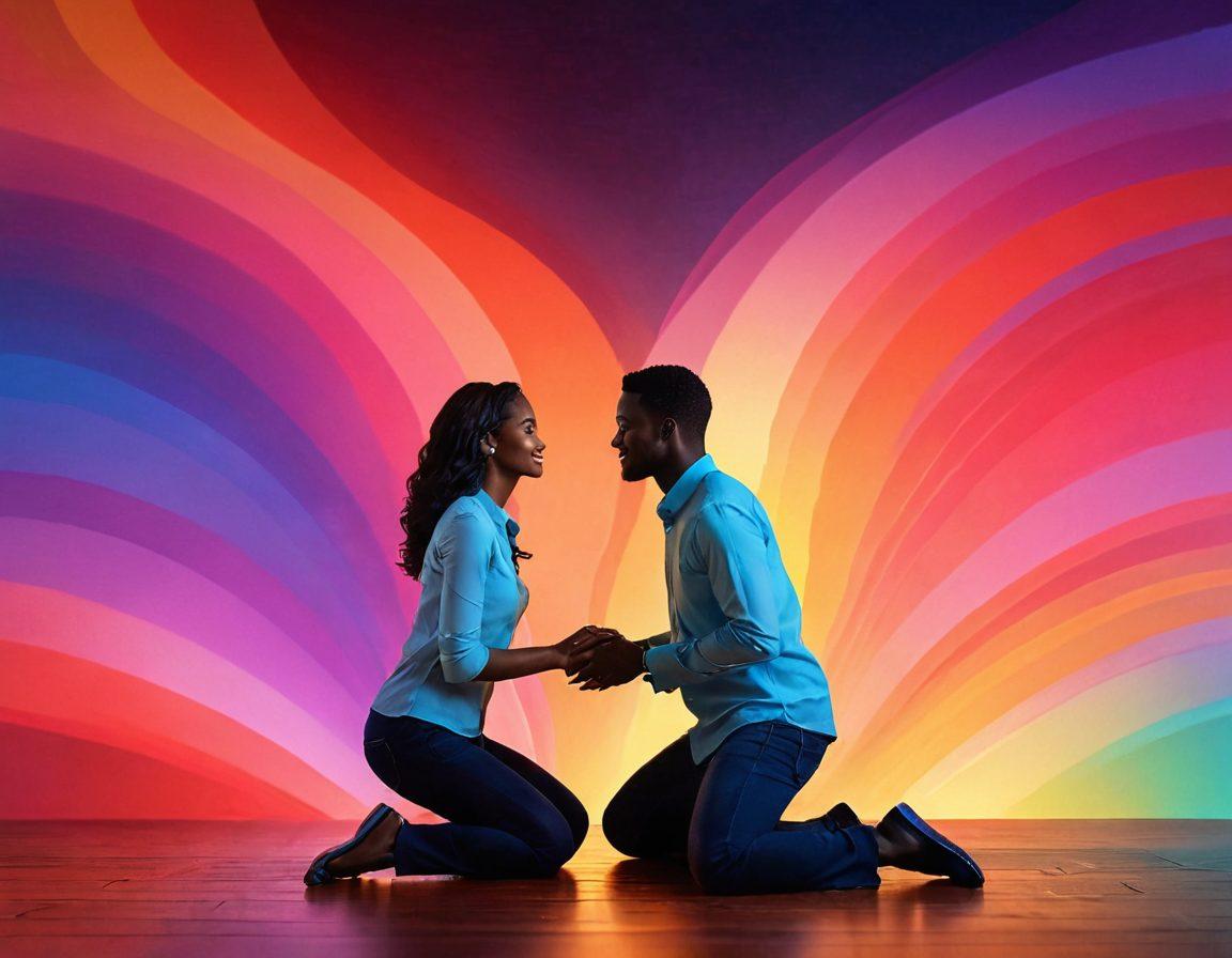 A warm, inviting scene of two people engaged in heartfelt conversation, surrounded by a backdrop of vibrant colors symbolizing passion and connection. Include subtle visual elements like glowing heart icons and sound waves to represent the intensity of communication. Use soft, natural lighting to enhance the emotional atmosphere. 3D. vibrant colors. super-realistic.