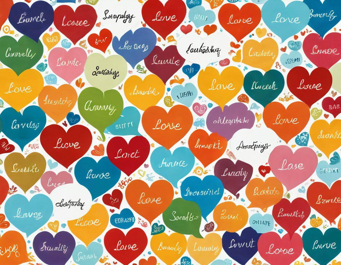 A heart-shaped collage representing various love languages such as words of affirmation, acts of service, receiving gifts, quality time, and physical touch. Incorporate diverse couples communicating through symbols like speech bubbles, gifts, and hugs set against a serene background. Use warm, inviting colors to evoke emotions of empathy and connection. super-realistic. vibrant colors. soft focus.